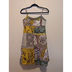 Cabi Multicolor Patchwork Print Beaded Lined Sundress Size 6 Festival, Boho